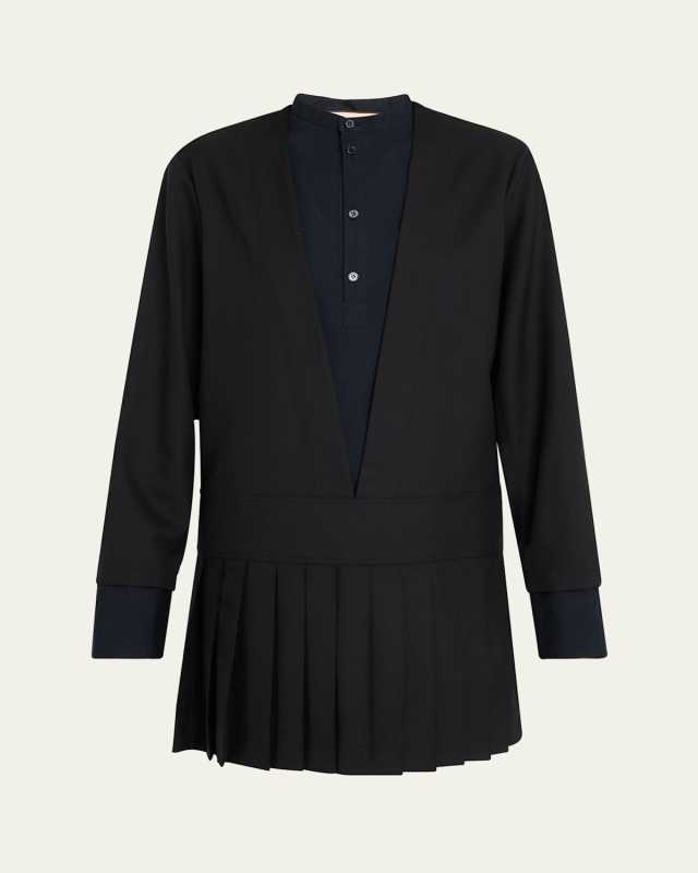 Layered Long-Sleeve Pleated Mini Shirtdress